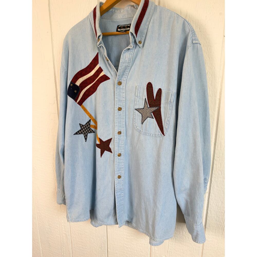 Vintage 90s Three Rivers 2000 Denim Shirt Patriotic Flag Star Applique XL - Picture 6 of 8